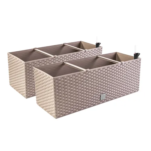 2in1 Set Balkonkasten Rattan-Optik Mocca - Körbe, Blumentöpfe, -kästen & Untersetzer, ideal für Balkon-Deko mit integriertem Bewässerungssystem für gesunde Pflanzen.