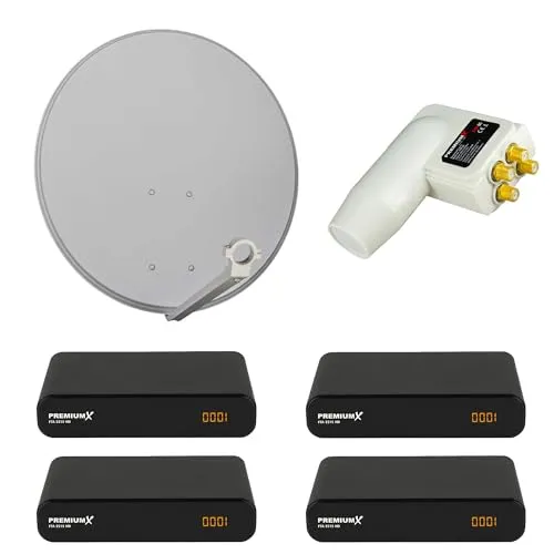 Premium X Satelliten-Komplettanlage 4 Teilnehmer 80cm - SAT-Antennen mit 4x FullHD DIGITAL SAT RECEIVER, wasserdichtem Quad LNB und hoher Signalqualität für perfekten Empfang bei jedem Wetter.