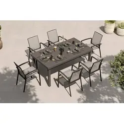 SIENA GARDEN Garten-Essgruppe, anthrazit/grau, Aluminium/Ranotex-Gewebe, Ausziehtisch 180/240 x 100 cm, inkl. 6 Stapelsessel