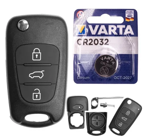 mt-key Auto Klapp Schlüssel Ersatz Gehäuse 3 Tasten + Rohling + VARTA CR2032 Knopfzelle, CR2032 (3 V), für Hyundai i20 PB i30 FD Elantra ix20 JC Funk Fernbedienung