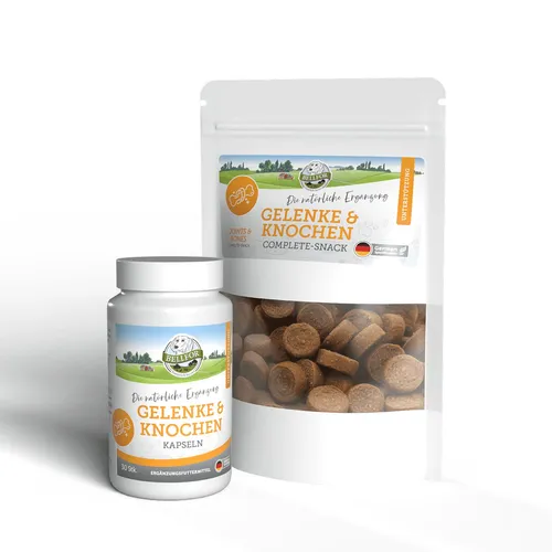 Bellfor Gelenke und Knochen Sparset für Hunde - Kapseln + Complete-Snack - Optimale Unterstützung für die Gelenke Ihres Hundes! Dieses Sparset enthält Kapseln und einen schmackhaften Snack, ideal für aktive und ältere Hunde, um ihre Beweglichkeit zu fördern.