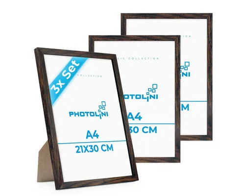 PHOTOLINI 3er Set Bilderrahmen A4 modern mit bruchsicherem Acrylglas - Set aus 3 modernen Bilderrahmen im DIN A4 Format (21x30 cm) aus MDF zur individuellen Gestaltung Ihrer Bilderwand. Ideal für Fotos, Postkarten und Erinnerungsstücke. Inkl. Bildernägel und Mini-Wasserwaage für einfaches Aufhängen.