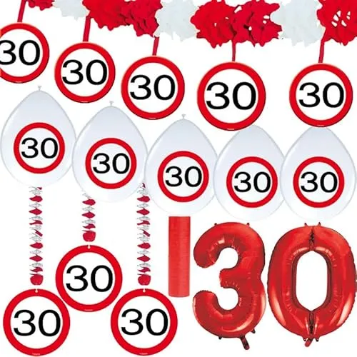 Playflip 30. Geburtstag Verkehrsschild Party Deko Set rot weiß Mann Frau Partyset
