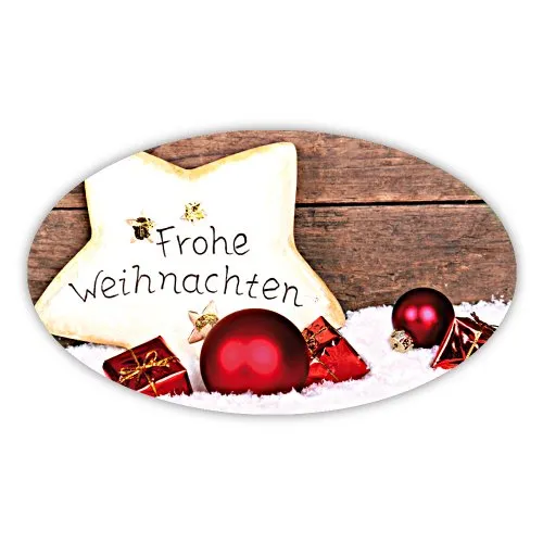 Weihnachtsaufkleber Weihnachtssticker Frohe Weihnachten auf Stern oval 60 x 35 mm, 100 Stück auf Rolle, Haftpapier glänzend