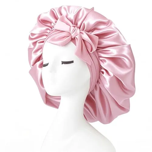 Produktbild iLamvie Satin Haarhaube,Seidenhaube,Nacht Schlafhaube Mit Elastischem Band,Schlafhaube Haare Schützen,Satinhaube Zum Schlafen,Haarnetz Für Damen Und Mädchen(Rosa)
