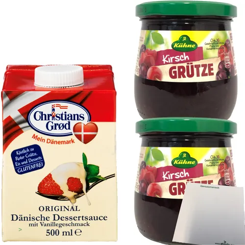 Rote Kirsch Grütze 2x375g + Dessert-Sauce mit Vanillegeschmack 1x500ml