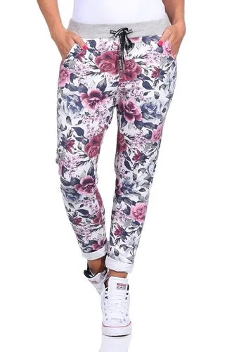 Mississhop 287 Damen Cargohose Blumen Sweatpants - Damen-Hosen mit elastischem Gummibund und Tunnelzug für optimalen Komfort. Trendiger Blumen-Print, perfekt für Freizeit oder elegante Anlässe.