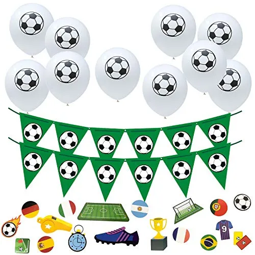Oblique Unique® Fußball Party Deko Set mit 10 Ballons + 1x Wimpel Girlande + 18x Konfetti für Geburtstag Jungen WM Weltmeisterschaft Mottoparty