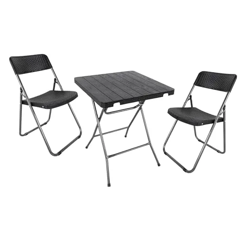 3.00 Bistroset 3-teilig - Klappbares Rattan-Design für Garten und Balkon - Gartenmöbel-Set mit 1 Tisch und 2 klappbaren Stühlen im modernen Rattan-Design, pflegeleicht und witterungsbeständig, ideal für kleine Balkone oder Gärten.