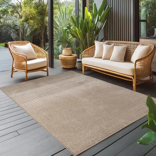 Carpettex Outdoor Teppich wetterfest, Wohnzimmer, Schlafzimmer, Garten, Balkon, Kurzflor Beige, Hoch-Tief-Effekt, weich & waschbar, pflegeleicht, 140x200 cm
