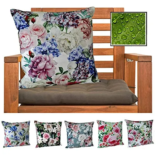 heimtexland ® Outdoorkissen Dekokissen Schmutz- und Wasserabweisend Landhaus Garten Outdoor Kissen Blumen Rosé Grün Typ675