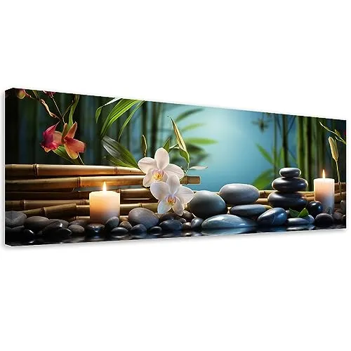 Feeby Bilder Orchidee Zen Spa 90x30 cm 1 tlg Modern Leinwandbilder Bild auf Leinwand Kunstdruck Wand Bild Wanddeko Design Schlafzimmer Büro Flur Hotel Spa Wohnzimmer Wasser Kerzen Steine mehrfarbig