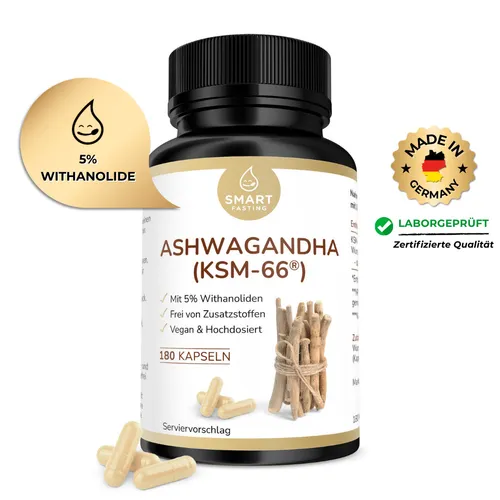 Ashwagandha - KSM-66® 600 mg - Hochdosiert - 180 Kapseln - Hochwertiger KSM-66® Ashwagandha-Wurzelextrakt mit 5% Withanolide in veganen, gelatinefreien Kapseln. Ideal für die tägliche Einnahme. Hergestellt in Deutschland.