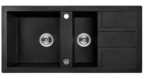 KOLMAN Granitspüle Barbados 48x100 cm - Schwarz mit Abtropffläche - 1,5 Becken Spülbecken aus extrem hartem Granit, widerstandsfähig gegen Kratzer und hohe Temperaturen, inklusive platzsparendem Siphon und 10 Jahre Herstellergarantie.