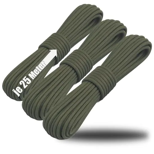 COM-FOUR® 3X Paracord Schnur Ø 4 mm, 75 m - Seil mit 7 Kern Strängen für Boot, Camping, Outdoor - Nylonseil mit 250 Kg Tragkraft - Zeltseil, Abspannseil, Allzweckseil (Oliv-grün)