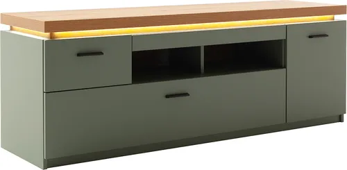 Wohnzimmer-Fernsehschrank mit156 cm Breite in Grün mit Eiche, 1 Tür, 2 Schubladen, 2 Fächer, LED-Akzentbeleuchtung - MOSTAR-05