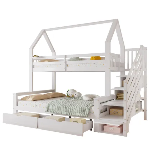 Etagenbett mit 2 Liegeflächen, Lattenrost und Teppe, 90x200cm/140x200cm, Kinderbett mit Rausfallschutz, Kiefer