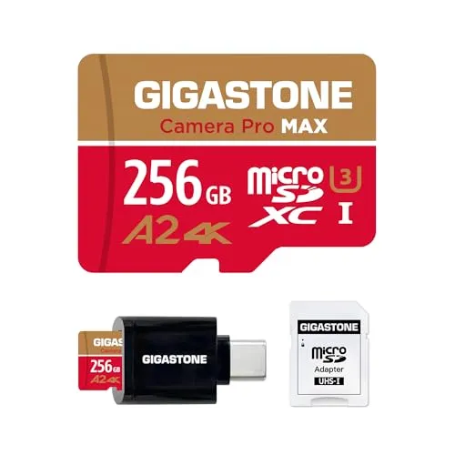 [5 Jahre kostenlose Datenrettung] GIGASTONE 256GB Micro-SD-Karte mit USB 3.2 Typ C Kartenleser, 4K Camera Pro MAX, bis zu 130/85 MB/s, A2 V30 MicroSDXC Speicherkarte für GoPro, 4K UHD Video