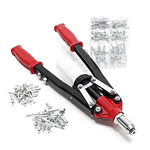 Wiltec Blindnietzange 150-teilig mit 5 Mundstücken - Vielseitige Blindnietzange für Nieten von 3,2-6,4 mm, ergonomische rutschfeste Griffe und praktischer Schnellwechsel-Mechanismus für einfache Handhabung.