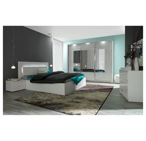 Schlafzimmer Set 5-teilig mit Bett 180x200cm und Schwebetürenschrank - Moderne Schlafzimmermöbel in Hochglanz weiß mit integrierter LED-Beleuchtung und gepolstertem Kopfteil für stilvollen Komfort. Ideal für ein elegantes Wohnambiente.