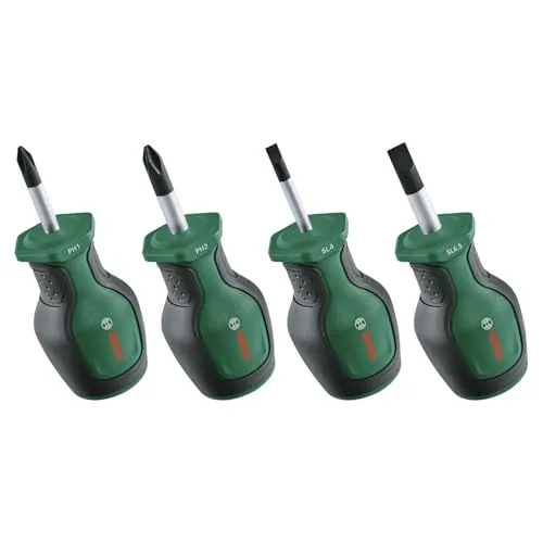 Bosch Stubby Schraubendreher Set 4-teilig (Kompakte Schraubendreher für Arbeiten an engen Stellen; PH/SL; S2-Stahl; Hohes Drehmoment; Farbcodiert; Magnetische Spitze; Ergonomisches Design; Softgrip)