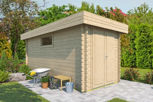 Fjordholz Gartenhaus Modell Rob 44 C – Flachdach - Massives Gartenhaus aus 44mm nordischer Fichte. Robuste Bauweise mit extra starker Dachkonstruktion, ideal für jede Wetterlage. Inklusive hochwertiger Doppeltür und Oberlichtfenster. Individuelle Maßanfertigungen möglich!