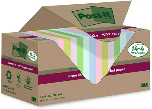 Post-it Super Sticky Recycling Notes Haftnotizen - 18 Blöcke - Haftnotizen recycling mit extrastarker Klebekraft, ideal für Zuhause und Büro, rutschfest und rückstandsfrei ablösbar.
