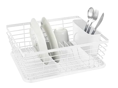 WENKO Geschirrabtropfer Mod. Drip, weiß - Stylischer Geschirrabtropfer aus robustem Metall und Kunststoff mit abnehmbarem Besteckkorb – ideal für eine moderne und funktionale Küche.