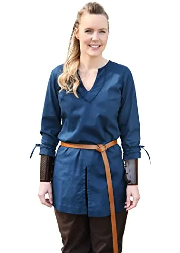 Battle-Merchant - Mittelalter Tunika Ylva für Frauen, Tailliertes frühmittelalter Hemd, Schildmaid Outfit, LARP, Wikinger, Pirat, Kostüm (XL, Blau)