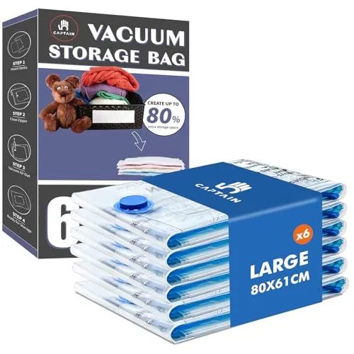 Vakuumbeutel für Kleidung Bettdecken 6 Stück, CaptainFive Vakuumierbeutel 6 * LARGE (80 x 61cm) Vakuum Kleiderbeutel Aufbewahrungsbeutel Reise für Bettwäsche Kissen Kleidung Bettdecken