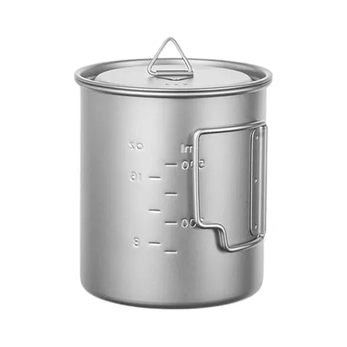 KOSLEOW Camping Topf aus Reintitan 750ml mit Deckel, Isolierter Faltbarer Titan Becher mit Klappgriff für Outdoor, Wandern, Bushcraft und Survival, Inklusive Tragenetz