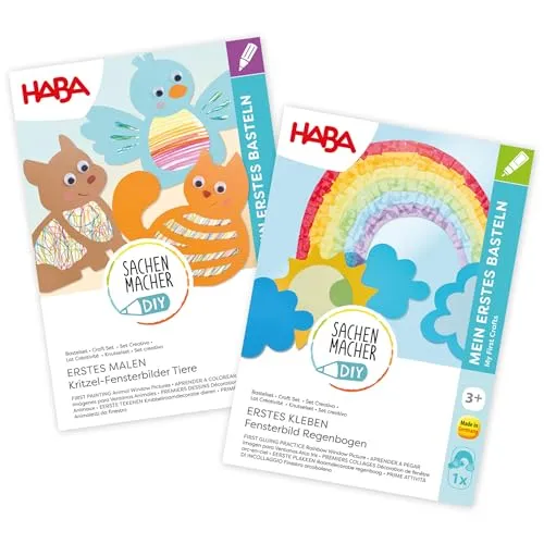 HABA Sachenmacher Bastelsets Fensterbilder im Doppelpack: Erstes Basteln für Kinder ab 3 Jahren, Malen & Kleben (Tiere & Regenbogen), Komplettset für Jungen & Mädchen - 2013250