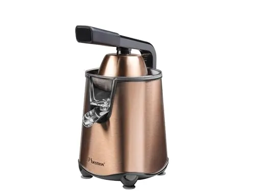 Bestron elektrische Saftpresse, Orangenpresse mit Auslauf-Stopp Funktion & edelstahl Fruchtfleischsieb, inkl. 2 Presskegel, 450ml Kapazität, Soft-Press Hebel für einfache Bedienung, Farbe: Kupfer