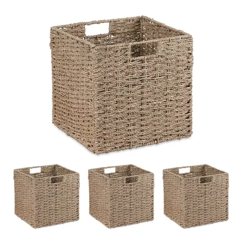 Flechtkorb Set - Aufbewahrungskorb aus Seegras - Praktisches 4er Set Klappbare Aufbewahrungskörbe aus Pflanzenfaser, ideal für Ordnung im Wohnbereich. Maße: 30x30x30 cm, Farbe: Hellbraun.