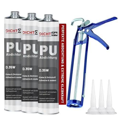 DICHTON D.35W PU Abdichtung Fugendichtmasse (3-tlg) - Hochflexible 1K PU Fugendichtmasse für exzellente Haftung auf diversen Oberflächen. Ideal für Fugenabdichtungen, auch unter Wasser. Einfache Verarbeitung und hohe Temperaturbeständigkeit.