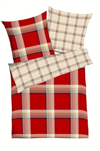 JACK by Kaeppel Fein Biber Bettwäsche 2 tlg. New School Chili Streifen Kariert Rot Creme Blau, 155x220cm - Bettwäsche aus hochwertigem Feinbiber, weich und atmungsaktiv für besten Schlafkomfort. Mit praktischem Reißverschluss und elegantem Design ist diese Garnitur ideal für Ihr Schlafzimmer.