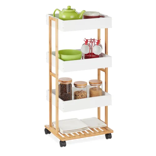 Servierwagen Küchenrollwagen Beistellwagen - 4 Ablagen aus Bambus - Praktischer Servierwagen mit 4 Ablagen aus 50% Bambus, ideal für Küche und Esszimmer. Leicht und mobil für flexibles Servieren.