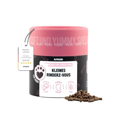 alphazoo Kleines Rinderz-Vous 65g – Softer Hundesnack mit 90% Rind, Himbeere & Spinat. Getreidefrei & ohne Farbstoffe oder Konservierungsstoffe. Leckerer Belohnungs- & Trainingssnack