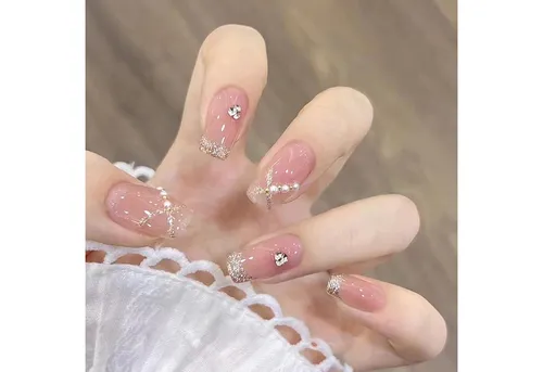 LuxusKollektion Kunstfingernägel 24 Stück Kunstnägel Rosa Glitzer Perle Strass French Acryl Falsche