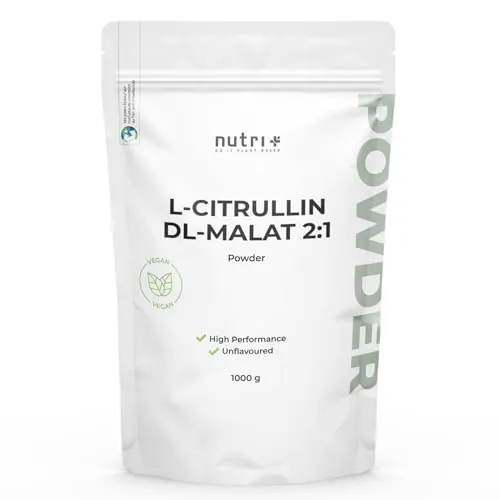 Nutri + L-Citrullin Malat Pulver 1 kg - hochdosiert vegan + rein - L-Citrulline Malate DL 2:1 1000 g - Premiumqualität aus pflanzlicher Fermentation