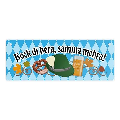 Hock di hera, samma mehra Metallschild mit Bier und Brezel für waschechte Bayer klein Bayern Spruch Brezel Schild bayrisch Blechschild Wiese Sprüche saufen trinken München Garten