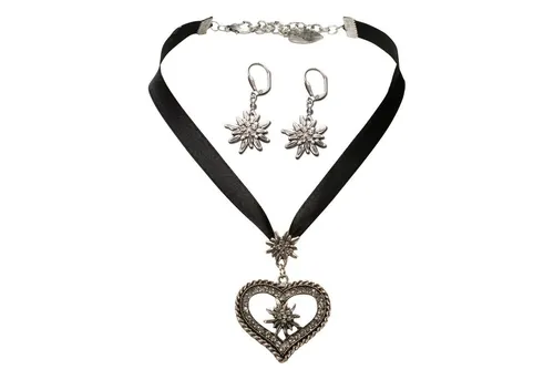 Alpenflüstern Ketten-Set Trachtenschmuck-Set Satin-Trachtenkette Strassedelweissherz und Trachten-Ohrhänger Strass-Edelweiss (schwarz), - Damen-Trachten-Schmuck, Trachtenset Kette und Trachten-Ohrringe