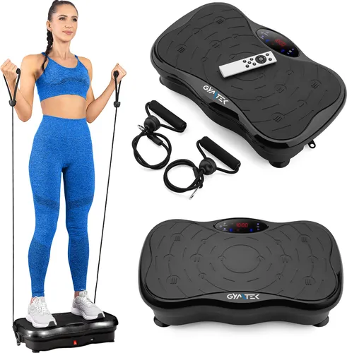 Gymtek® Vibrationsplatte Vibrotrainer - bis 180kg - 5 Ausbildungsprogramme, 99 Stufen - 2 Expanderbänder - Bluetooth, Fernbedienung, LCD, Lautsprecher