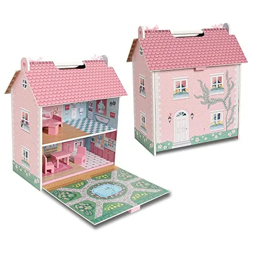 Deqube 913D00017 Puppenhaus aus Holz, 2 Etagen, mit Dachboden und Garten, mit Griffen für einfachen Transport, inklusive 7 Spielzubehör, Größe 39 x 34,5 x 18 cm