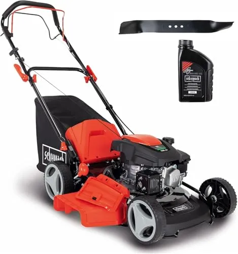 Scheppach Benzinrasenmäher MS161-46 mit Motoröl & Ersatzmesser - Rasenmäher mit 46 cm Schnittbreite und leistungsstarkem 4-Takt-Motor. Integrierte Mulchfunktion und Reinigungsanschluss für müheloses Arbeiten und einfache Pflege.