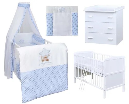 Baby-Delux Babyzimmer-Komplettset Babyzimmer 140x70 weiß Komplettset, (13-tlg), Babybett Wickelkommode Bettwäsche Set Komplettzimmer