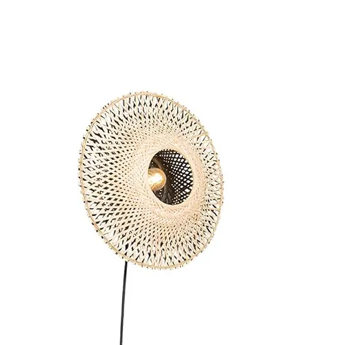 QAZQA Rina - Orientalische Wandleuchte aus Rattan 35 cm mit Stecker - Wandleuchte im orientalischen Design aus Bambus und Stahl, dimmbar für gemütliche Atmosphäre im Wohnzimmer oder Schlafzimmer. E27-Fassung, ideal für LED-Lampen.