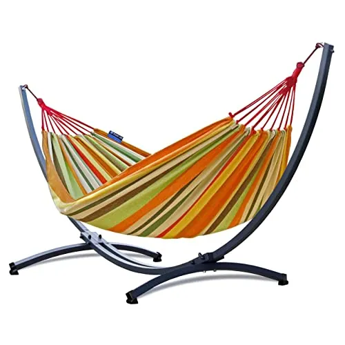 Potenza Outdoor Hängematte mit Gestell für 2 Personen I Baumwolle Doppelhängematte XXL 220x160, 200kg I Hängemattengestell 220kg, wetterfest (Orange, Basic Gestell Graphit)