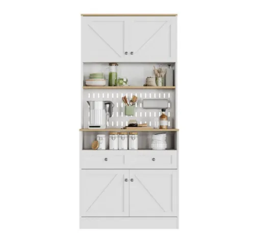 Esszimmer Sideboard mit 2 Schubladen und 4 Türen – Platzsparendes Buffet für Küche & Wohnzimmer - Platzsparendes Design mit leisen Scheunentoren im Retro-Stil. Bietet großzügigen Stauraum für Geschirr und Küchenutensilien. Robuste Materialien garantieren Langlebigkeit und einfache Reinigung.