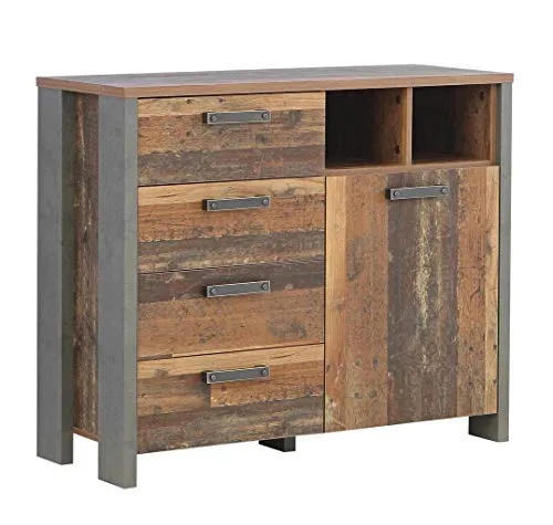 FORTE Clif Kommode mit 1 Tür und 4 Schubladen - Stylische Kommode in Old Wood Vintage und Betonoptik Dunkelgrau, ideal für modernes Wohndesign und platzsparend mit 4 Schubladen und 1 Tür.